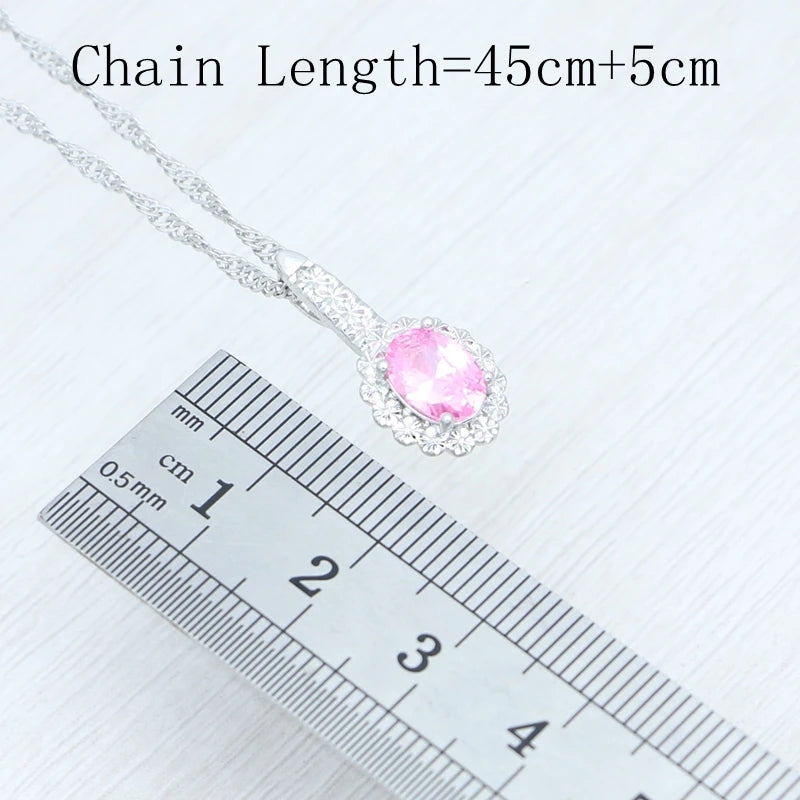 Silver Jewelry Set Oval Pink Cubic Zirconia Open Ring Earrings Pendant Necklace