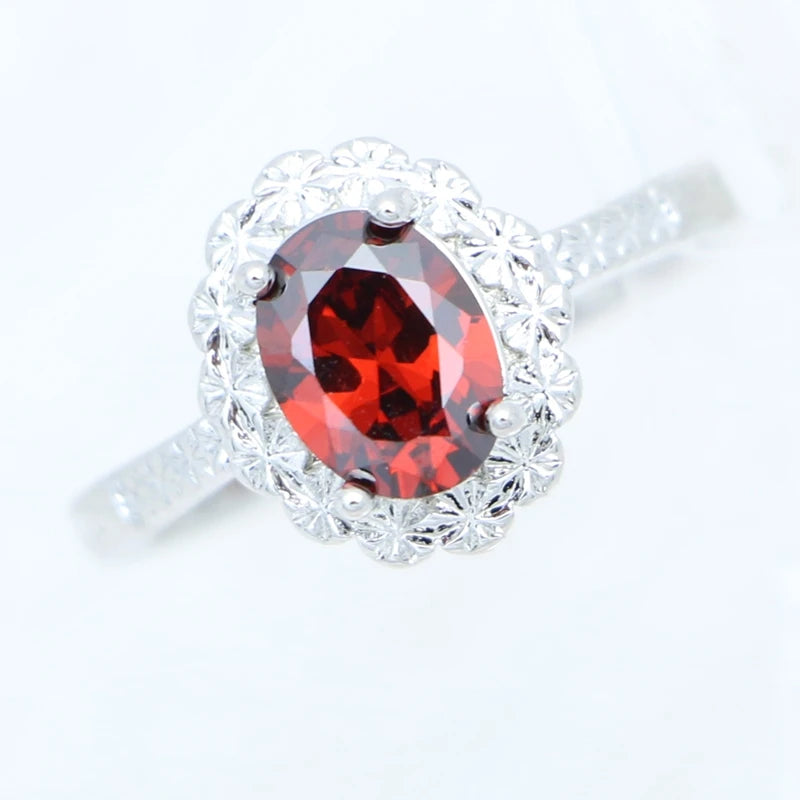 Garnet Ring Earrings Pendant Necklace Sweet Jewelry 925 Sterling Silver Jewelry 3Set