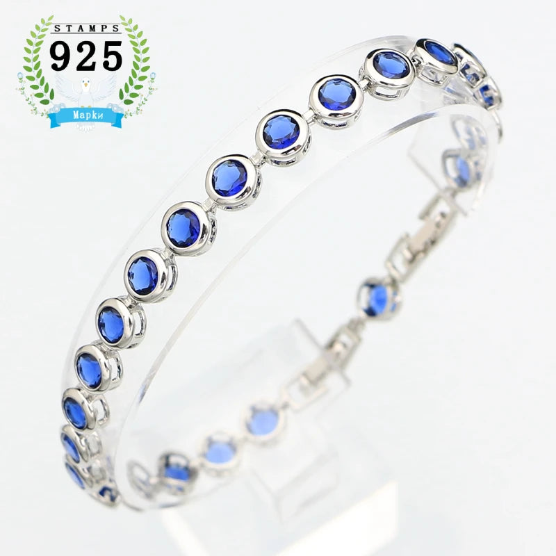 Sterling Silver Slim Bracelet for Women Blue Stone Zircon 18cm+2cm Extension Bracelet Two Buttons Free Gift Box