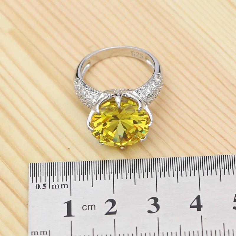 Jewelry 4Sets For Women Party Accessories Yellow Cubic Zirconia White Crystal Ring Bracelet Necklace Pendant Earrings