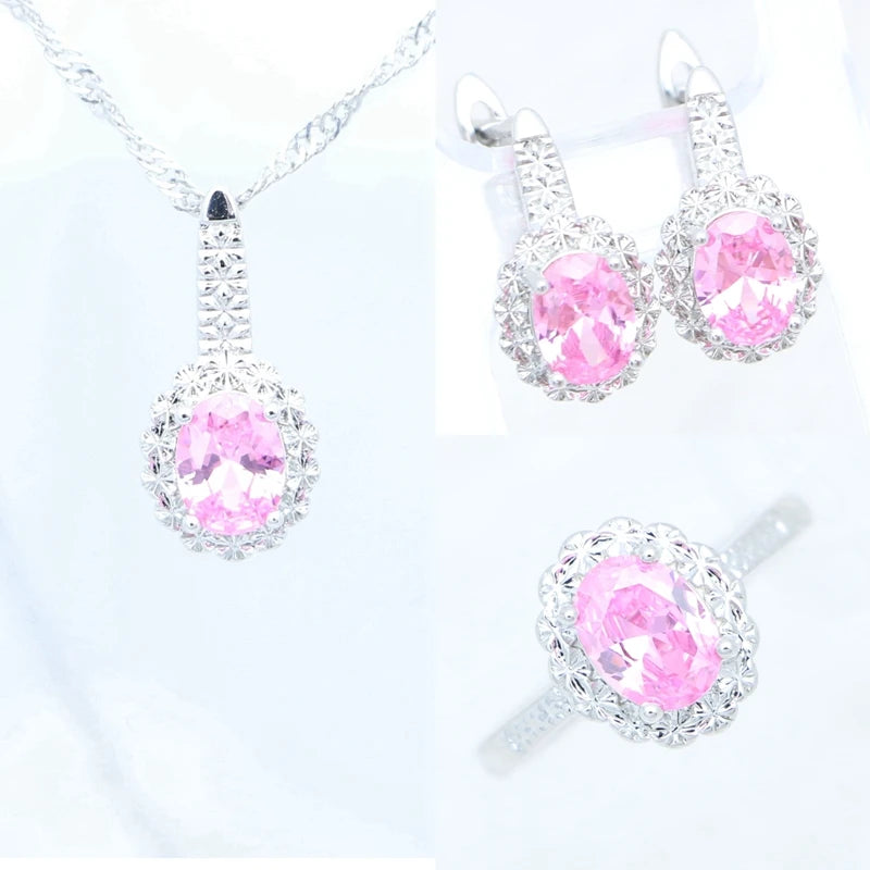 Garnet Ring Earrings Pendant Necklace Sweet Jewelry 925 Sterling Silver Jewelry 3Set