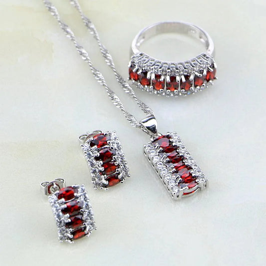 Red Garnet White  Jewelry Sets For Women Earring/Pendant/Necklace/Ring