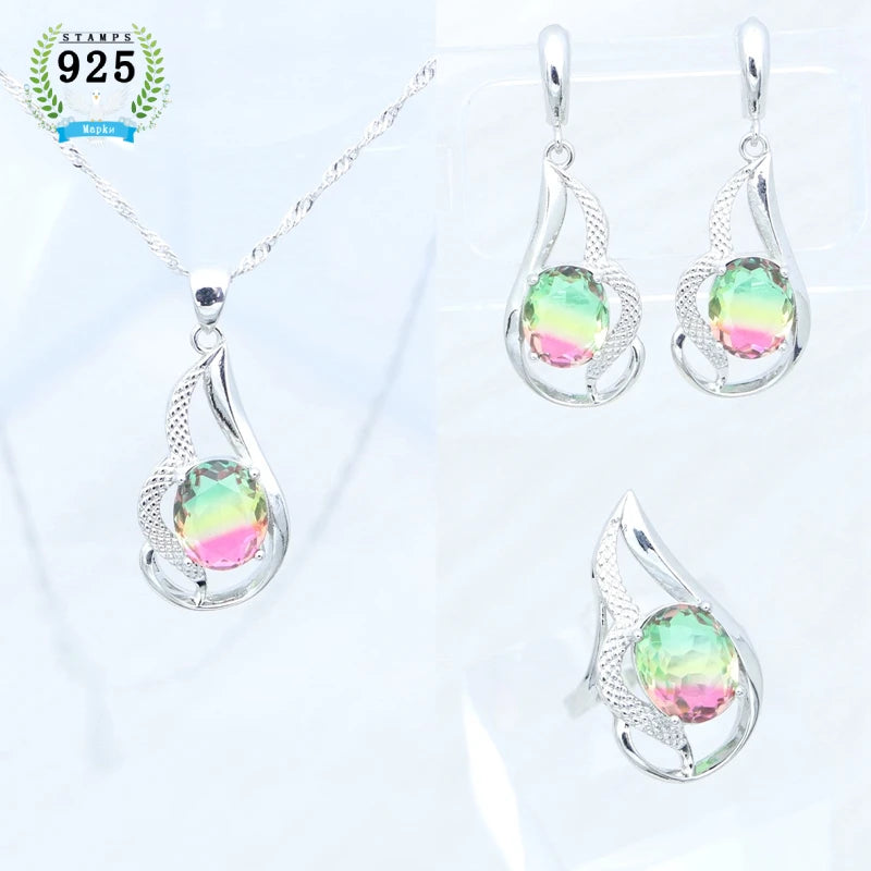 Silver Bridal Jewelry Set  Open Ring Earrings Pendant Necklace Kit Free Jewelry Box