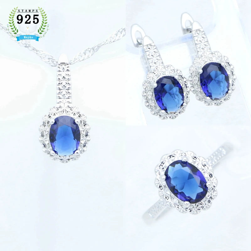 Silver Jewelry 3Set for Women's Wedding Jewelry Earrings Pendant Open Ring Necklace