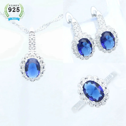 Silver Jewelry 3Set for Women's Wedding Jewelry Earrings Pendant Open Ring Necklace