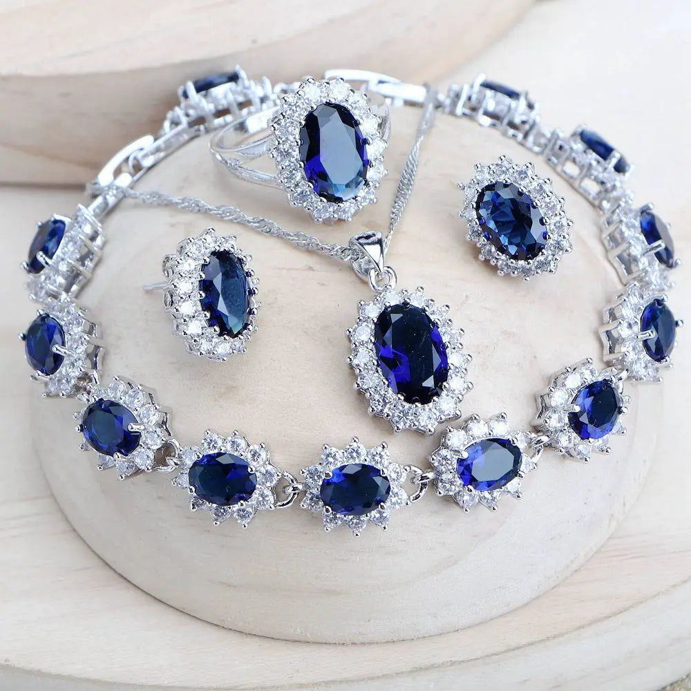 Silver jewelry 4Sets Blue Zirconia Costume Fine Jewellery  Necklace Earrings Rings Bracelets Pendant