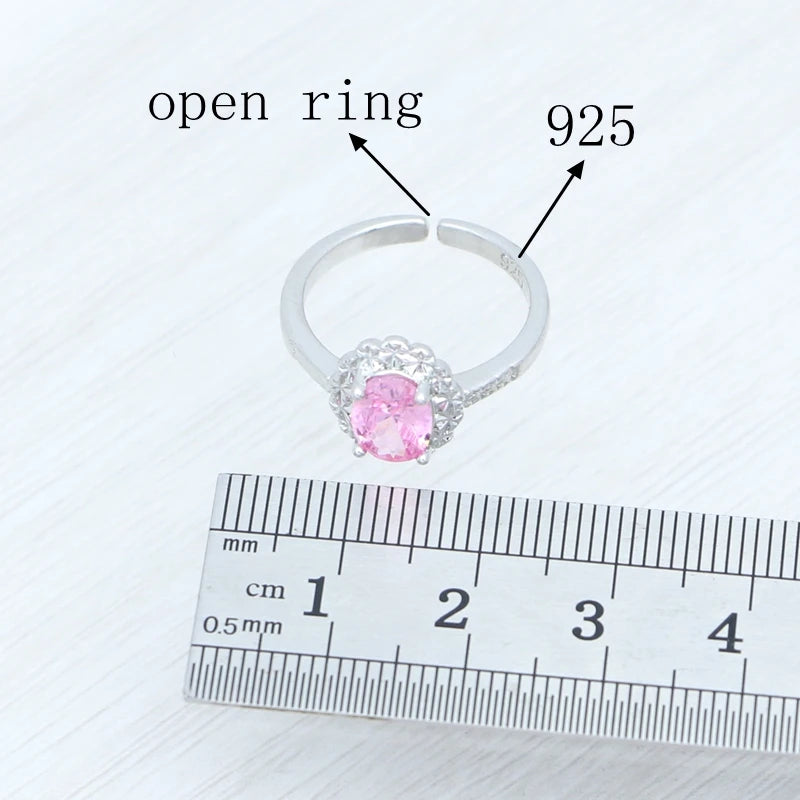Silver Jewelry Set Oval Pink Cubic Zirconia Open Ring Earrings Pendant Necklace