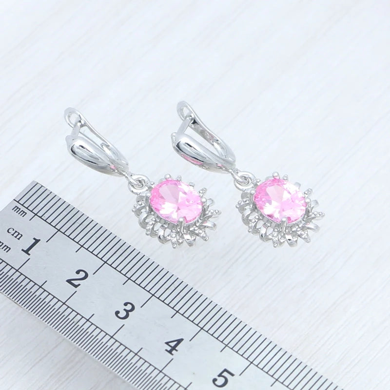 Egg Cubic Zirconia Pink Jewelry Kit 925 Sterling Silver Earrings Adjustable Ring Pendant Woman Engagement Gift Free Jewelry Box
