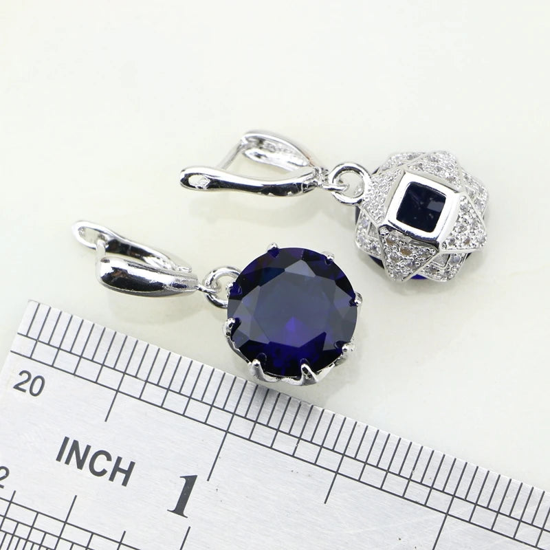 Round Blue Cubic Zirconia White Zircon Sterling Silver Sets Earrings/Pendant/Necklace/Ring For Women