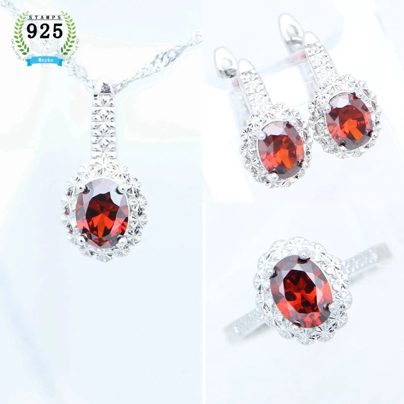 Garnet Ring Earrings Pendant Necklace Sweet Jewelry 925 Sterling Silver Jewelry 3Set