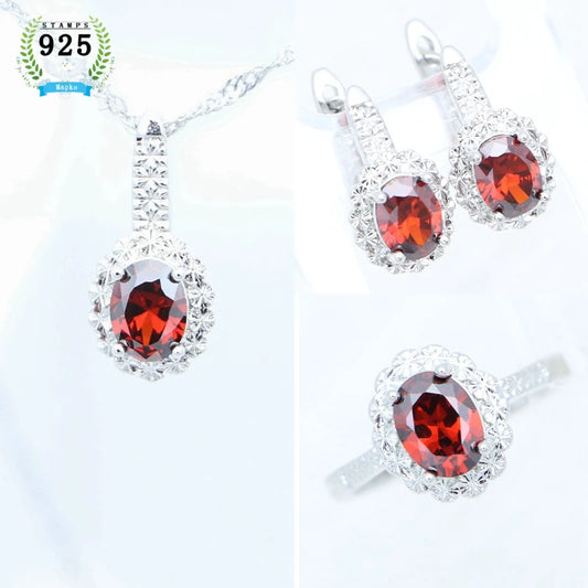 Garnet Ring Earrings Pendant Necklace Sweet Jewelry 925 Sterling Silver Jewelry 3Set