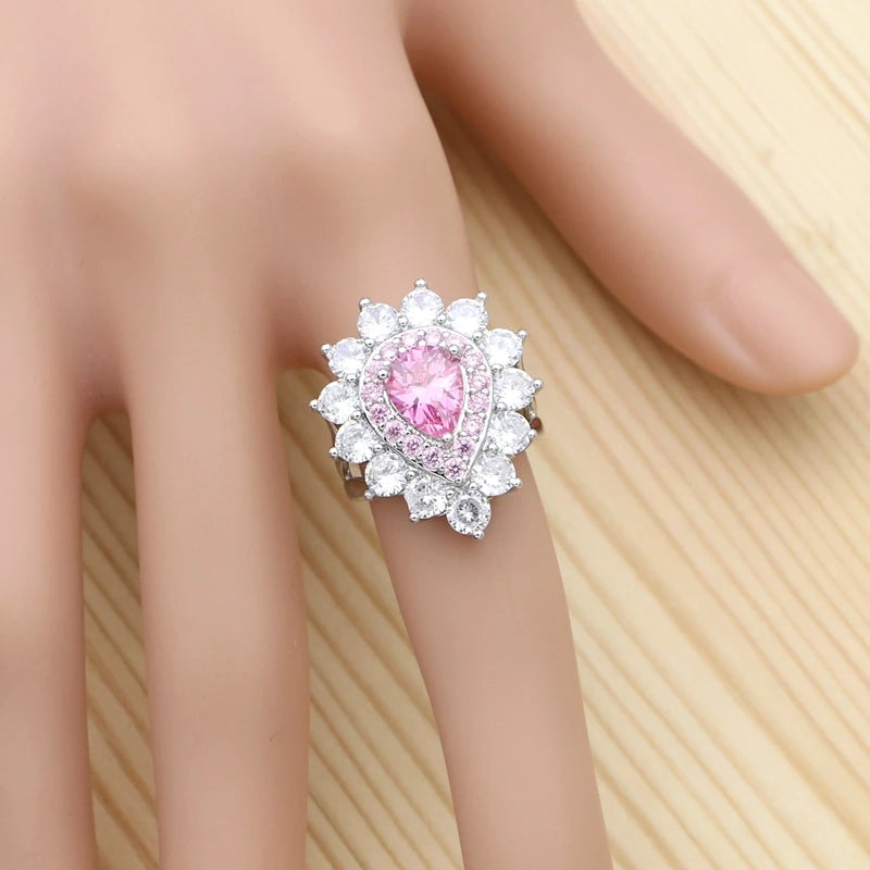 Jewelry 4Sets For Women Pink Cubic Zirconia Ring Bracelet Pendant Earrings Necklace