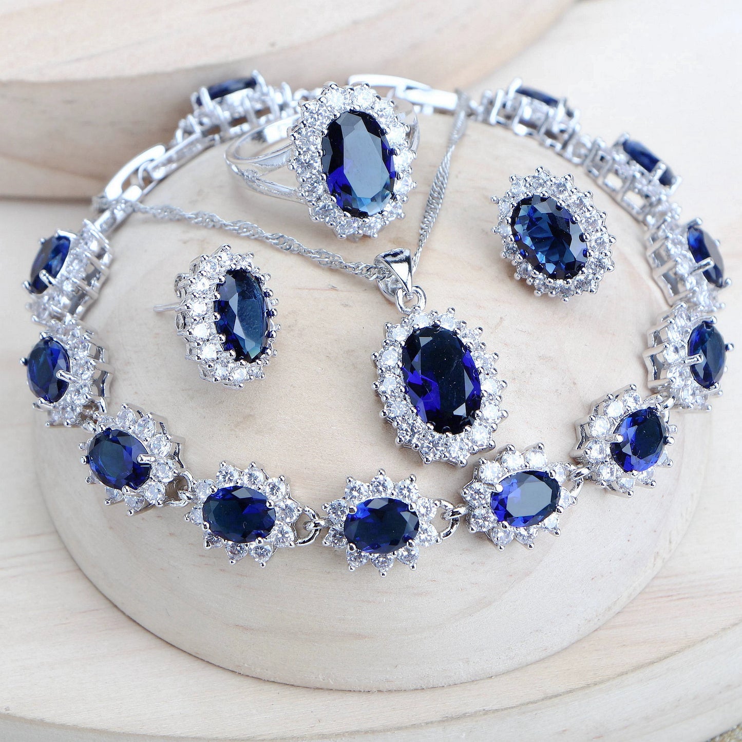 Silver jewelry 4Sets Blue Zirconia Costume Fine Jewellery  Necklace Earrings Rings Bracelets Pendant