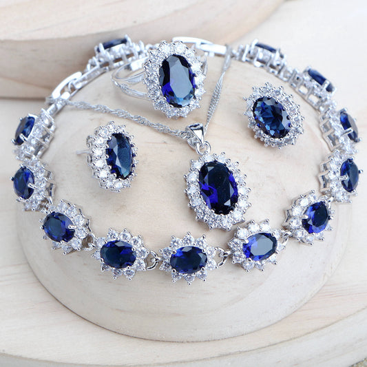 Silver jewelry 4Sets Blue Zirconia Costume Fine Jewellery  Necklace Earrings Rings Bracelets Pendant