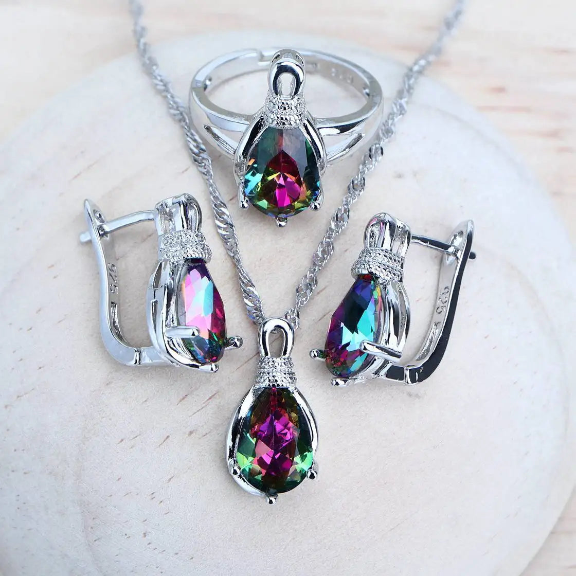 Jewelry 4Sets Costume Jewellery Rainbow Cubic Zirconia Earrings Rings Bracelets Pendant Necklace