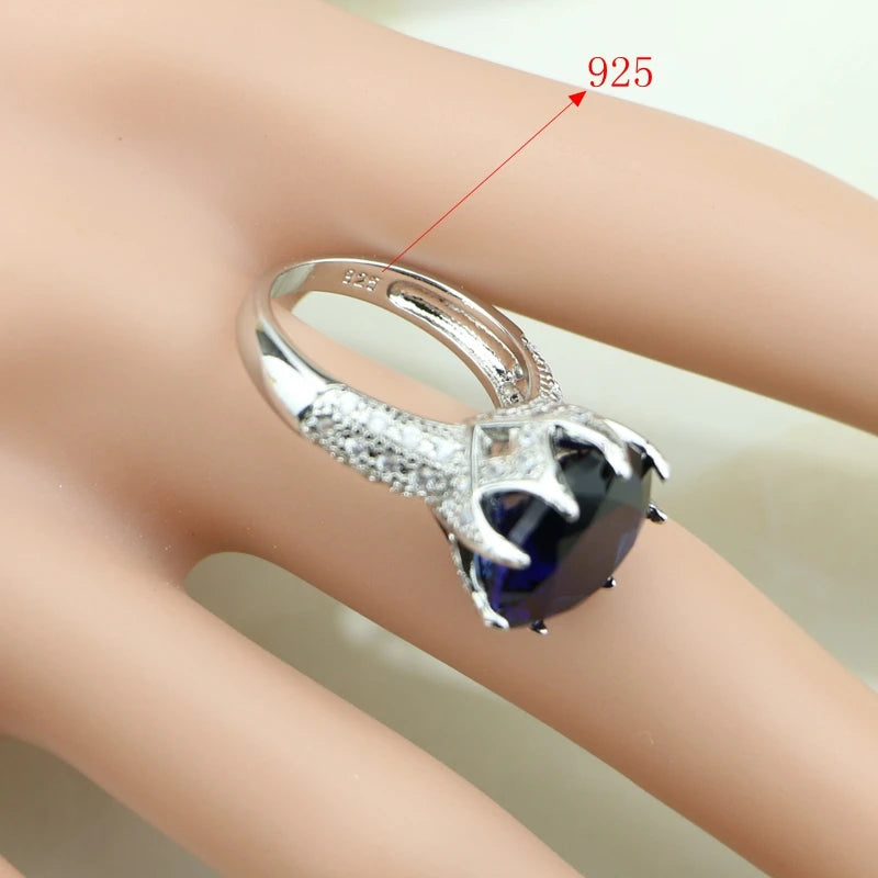 Round Blue Cubic Zirconia White Zircon Sterling Silver Sets Earrings/Pendant/Necklace/Ring For Women