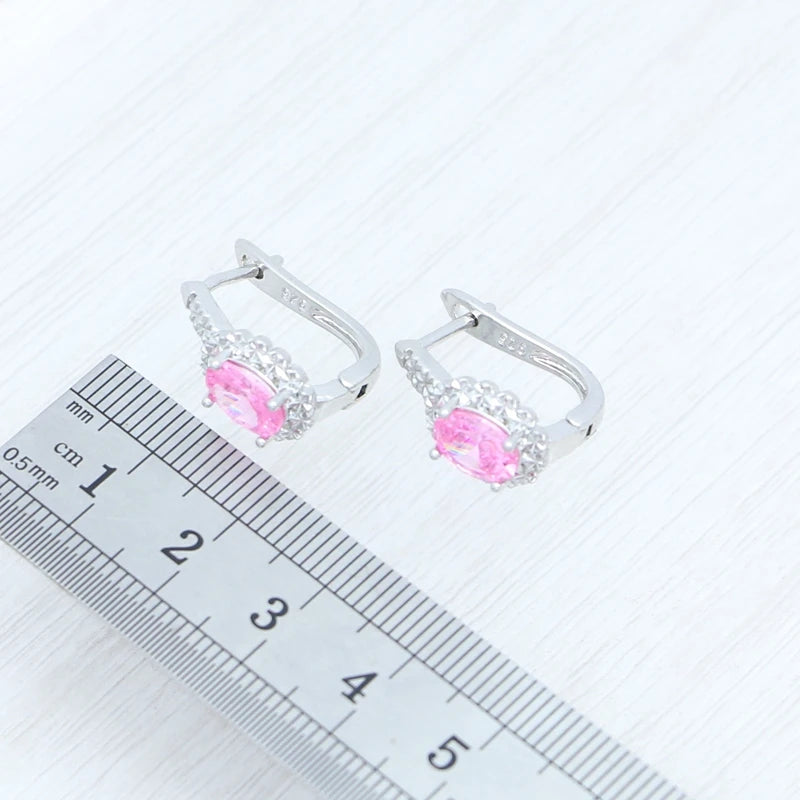 Silver Jewelry Set Oval Pink Cubic Zirconia Open Ring Earrings Pendant Necklace