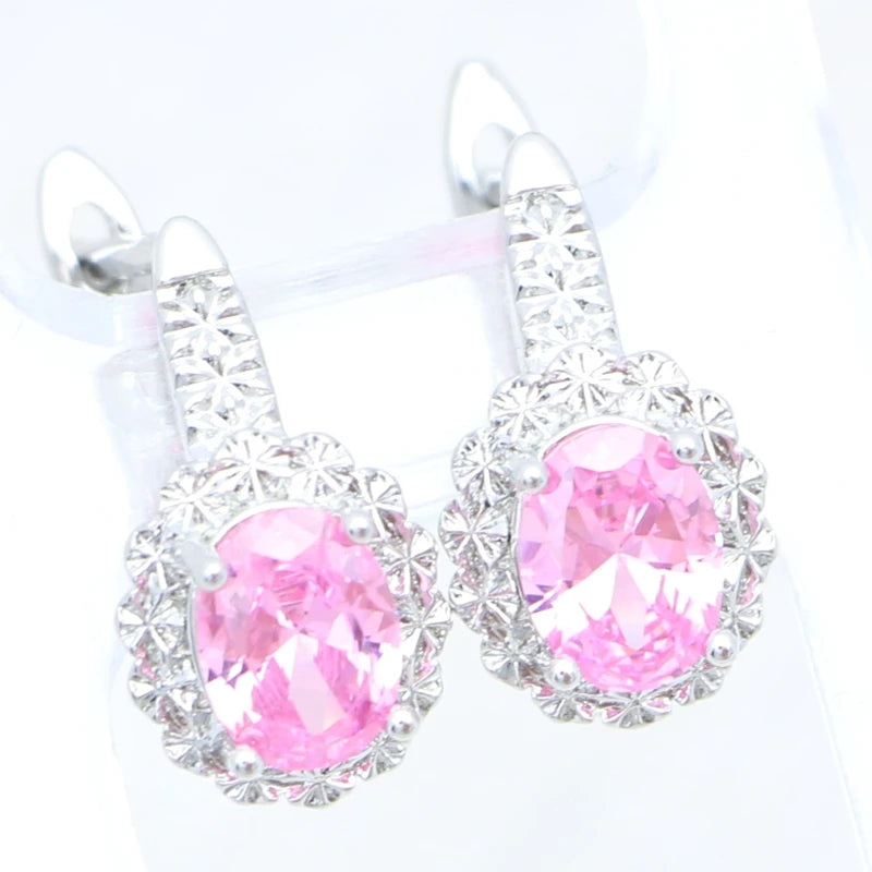Silver Jewelry Set Oval Pink Cubic Zirconia Open Ring Earrings Pendant Necklace