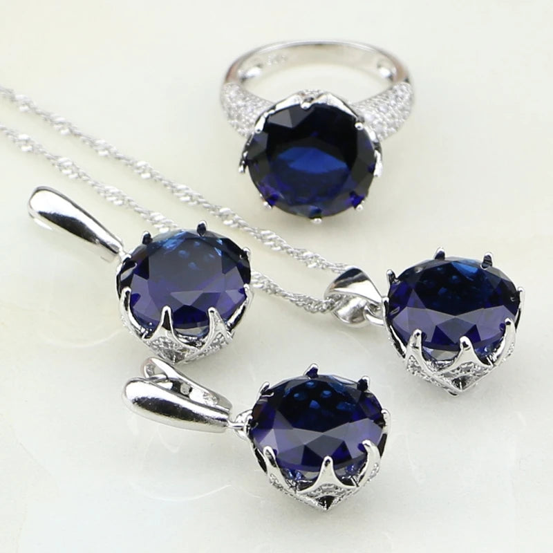 Round Blue Cubic Zirconia White Zircon Sterling Silver Sets Earrings/Pendant/Necklace/Ring For Women