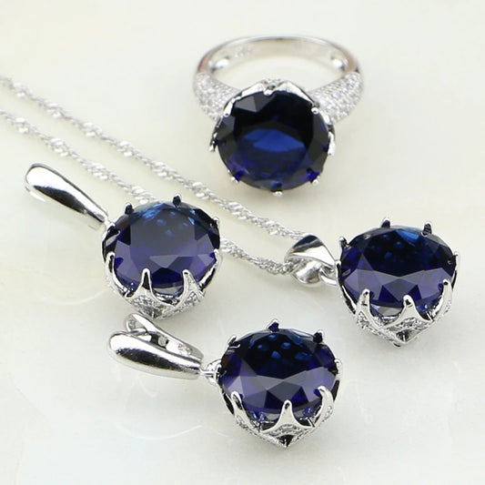 Round Blue Cubic Zirconia White Zircon Sterling Silver Sets Earrings/Pendant/Necklace/Ring For Women