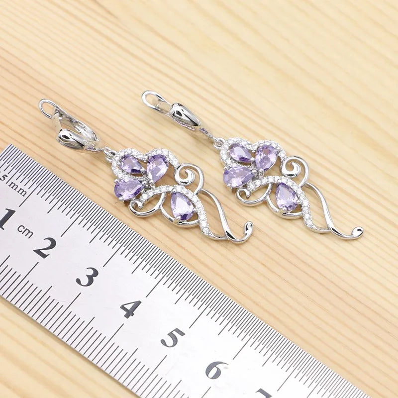 Silver Jewelry 4Sets for Women Purple Cubic Zirconia Ring Bracelet Necklace Pendant Earrings