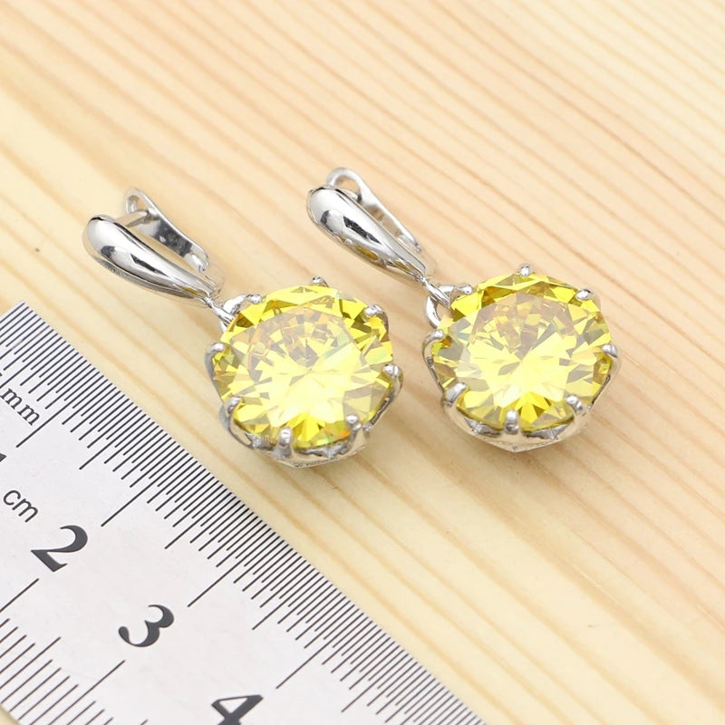 Jewelry 4Sets For Women Party Accessories Yellow Cubic Zirconia White Crystal Ring Bracelet Necklace Pendant Earrings