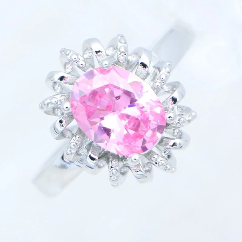 Egg Cubic Zirconia Pink Jewelry Kit 925 Sterling Silver Earrings Adjustable Ring Pendant Woman Engagement Gift Free Jewelry Box