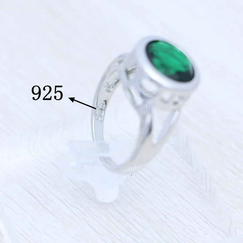 Jewelry 3Set Silver Bridal Earrings Ring Pendant Necklace Round Emerald Jewelry