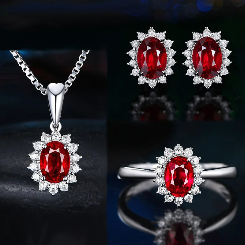 Elegant Silver 925 Earrings Jewelry Set Oval Shape Sapphire Zircon Gemstone Pendant Necklace Open Ring