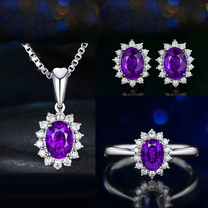 Elegant Silver 925 Earrings Jewelry Set Oval Shape Sapphire Zircon Gemstone Pendant Necklace Open Ring