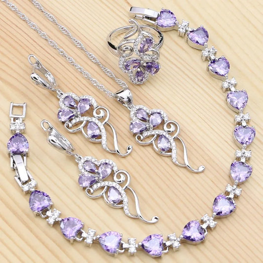 Silver Jewelry 4Sets for Women Purple Cubic Zirconia Ring Bracelet Necklace Pendant Earrings