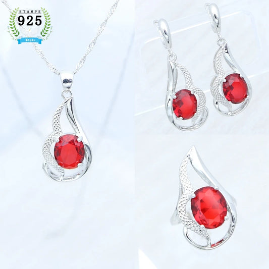 Silver Bridal Jewelry Set  Open Ring Earrings Pendant Necklace Kit Free Jewelry Box