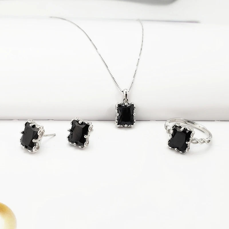 Luxury  Sterling Silver Jewelry Set Earrings Ring Necklace Accessories with 7*9mm Emerald Gemstone
