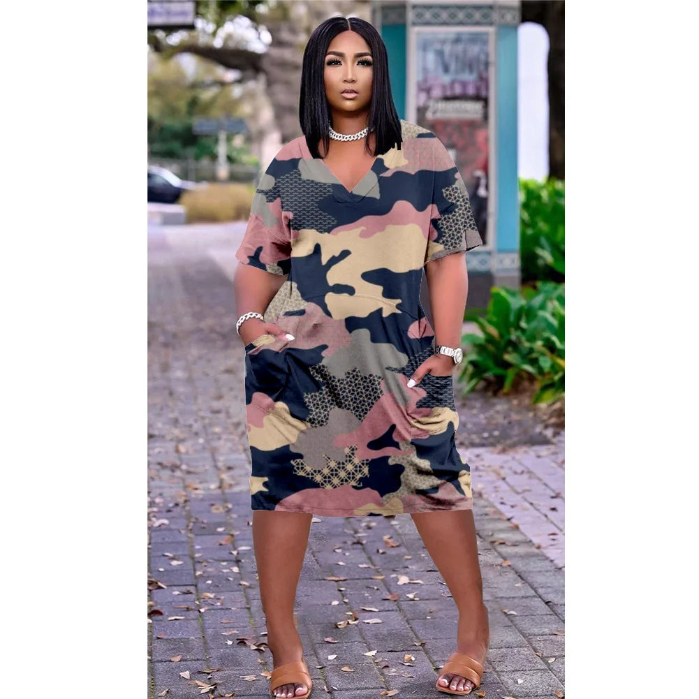 Ladies Short Sleeve Knee-length Boho V-Neck  Dress