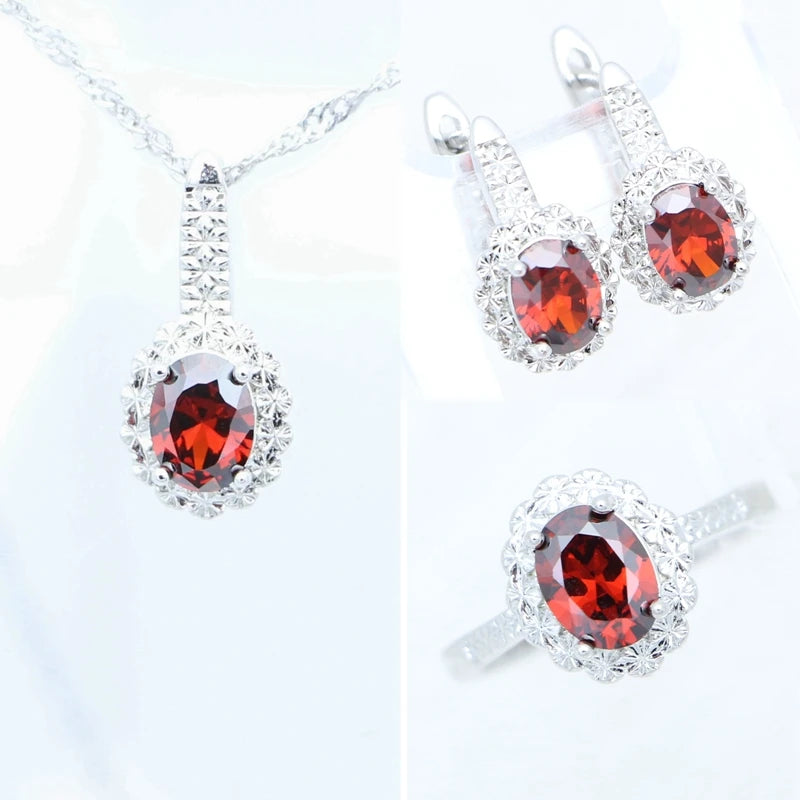 Garnet Ring Earrings Pendant Necklace Sweet Jewelry 925 Sterling Silver Jewelry 3Set