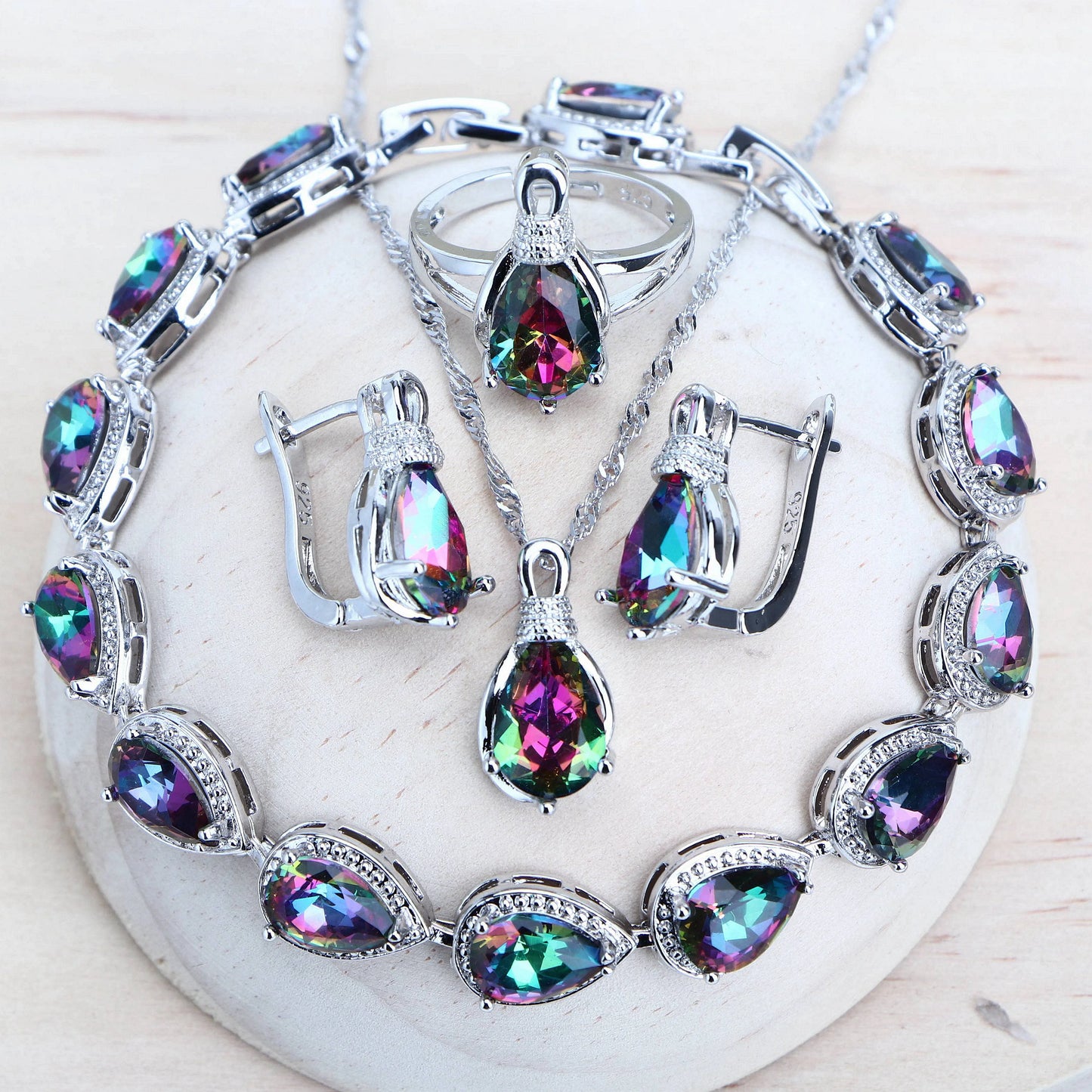 Jewelry 4Sets Costume Jewellery Rainbow Cubic Zirconia Earrings Rings Bracelets Pendant Necklace