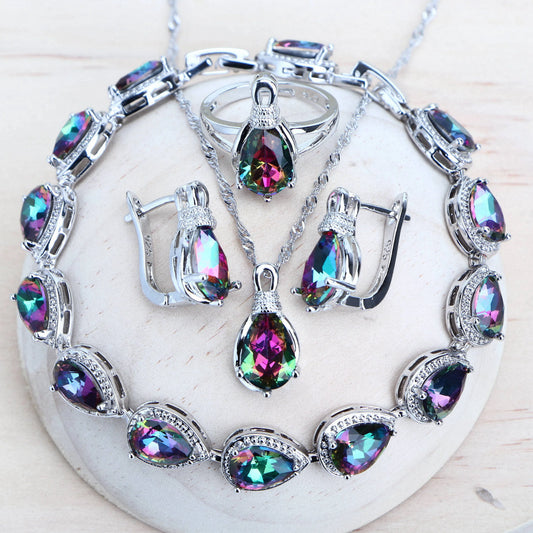 Jewelry 4Sets Costume Jewellery Rainbow Cubic Zirconia Earrings Rings Bracelets Pendant Necklace