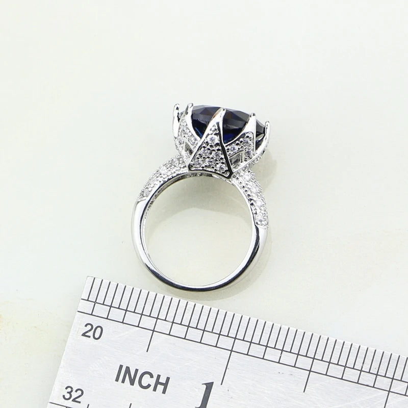 Round Blue Cubic Zirconia White Zircon Sterling Silver Sets Earrings/Pendant/Necklace/Ring For Women