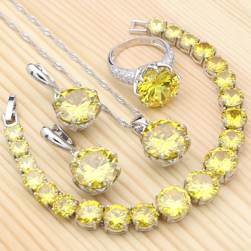 Jewelry 4Sets For Women Party Accessories Yellow Cubic Zirconia White Crystal Ring Bracelet Necklace Pendant Earrings