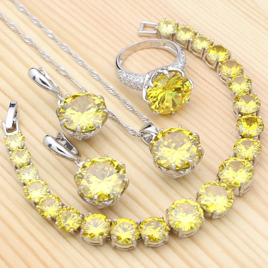 Jewelry 4Sets For Women Party Accessories Yellow Cubic Zirconia White Crystal Ring Bracelet Necklace Pendant Earrings