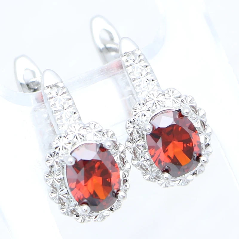 Garnet Ring Earrings Pendant Necklace Sweet Jewelry 925 Sterling Silver Jewelry 3Set