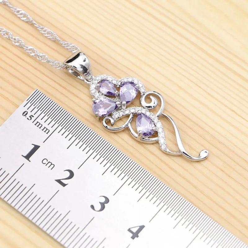 Silver Jewelry 4Sets for Women Purple Cubic Zirconia Ring Bracelet Necklace Pendant Earrings