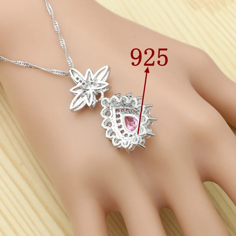 Jewelry 4Sets For Women Pink Cubic Zirconia Ring Bracelet Pendant Earrings Necklace