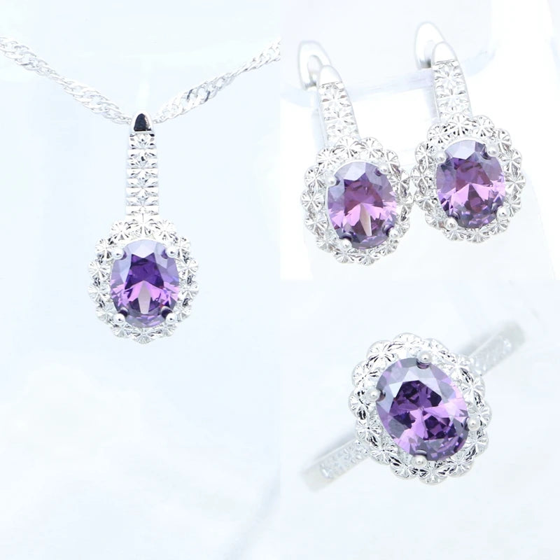 Garnet Ring Earrings Pendant Necklace Sweet Jewelry 925 Sterling Silver Jewelry 3Set