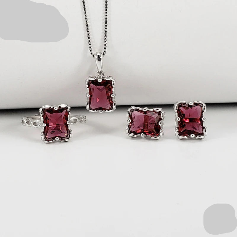 Luxury  Sterling Silver Jewelry Set Earrings Ring Necklace Accessories with 7*9mm Emerald Gemstone