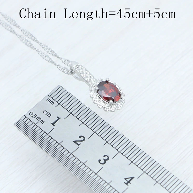 Garnet Ring Earrings Pendant Necklace Sweet Jewelry 925 Sterling Silver Jewelry 3Set