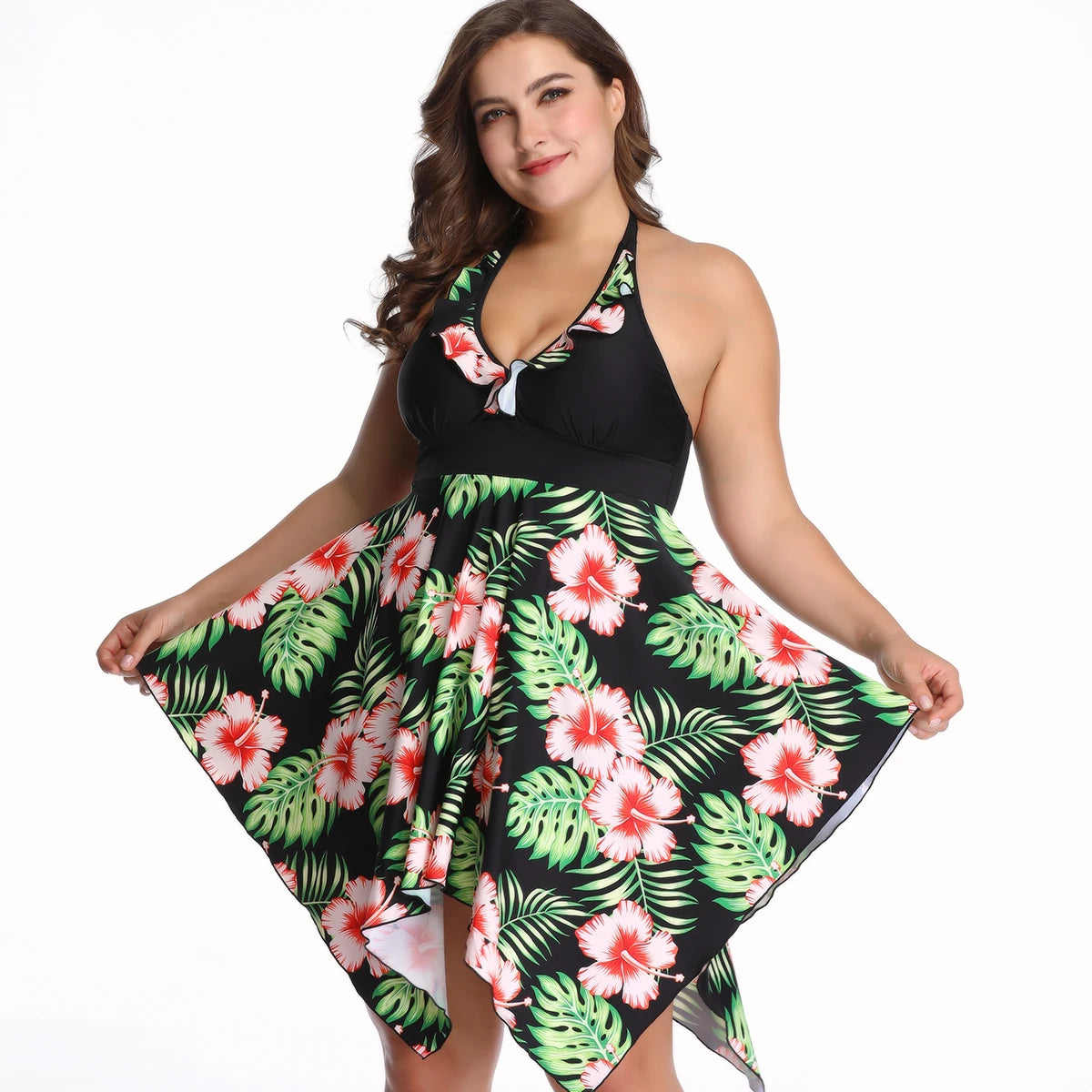 Plus Size Swimsuit Female Split Lace Print Slim Fit Bag Hip Sexy Skirt