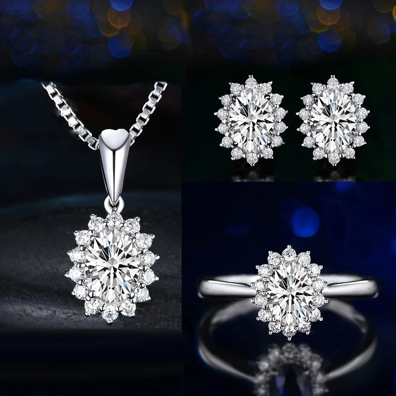 Elegant Silver 925 Earrings Jewelry Set Oval Shape Sapphire Zircon Gemstone Pendant Necklace Open Ring