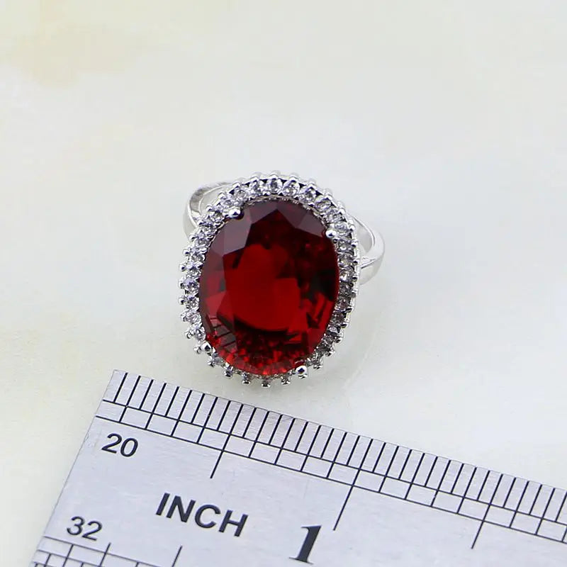 Silver Jewelry Red Garnet White Zircon Jewelry 4Sets For Women Wedding Necklace/Earrings/Bracelet/Pendant/Ring