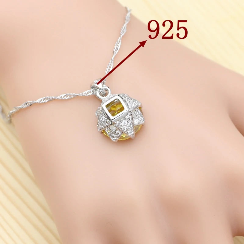 Jewelry 4Sets For Women Party Accessories Yellow Cubic Zirconia White Crystal Ring Bracelet Necklace Pendant Earrings